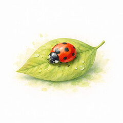 Naklejka premium Peaceful ladybug resting on green leaf watercolor illustration. Tiny insect with dew red beetle nature garden style. Serene artistic painting showing gentle morning moisture
