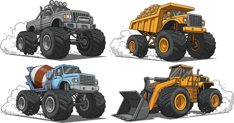 Cartoon monster trucks, construction vehicle mashup, cement mixer, dump truck, front loader, pickup design, oversized tires, playful stylized illustration artwork © Anonto