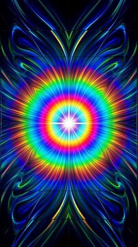 Abstract vibrant rainbow starburst radiating energy with intricate psychedelic patterns