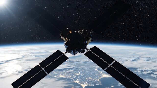 Detailed CGI of a Complex Military Satellite Re-entering Earth's Shadow in Space with Bright Sun and Stars
