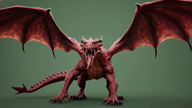 Classic red dragon with powerful wings, standing majestically on green screen, fantasy beast for VFX.