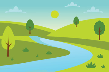 Fototapeta premium Winding River Through Green Hills Under Sunny Sky with Clouds Flat Design