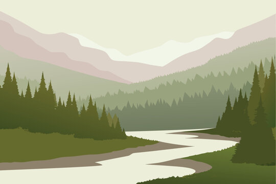 Winding River Through Evergreen Forest and Misty Mountains Nature Landscape Vector