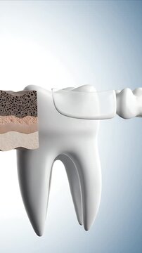 Detailed CGI visualization comparing healthy and compromised tooth enamel layers showcasing dentin and bone structure with soft lighting on a gradient blue background educational medical dental
