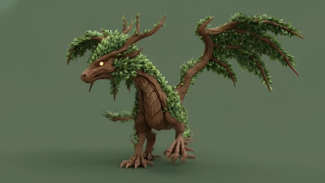 Enchanting forest dragon made of wood and lush green leaves, nature spirit on green screen, elemental fantasy creature.