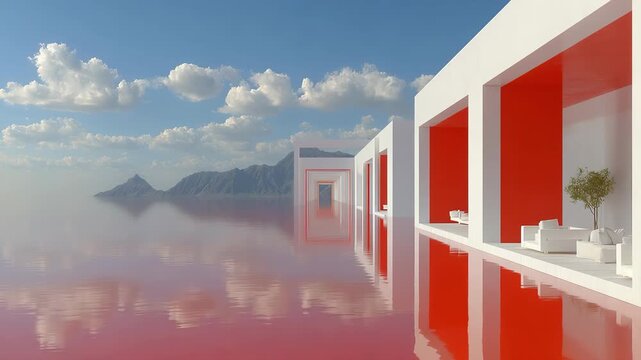 Minimalist white architecture on reflective red water surface