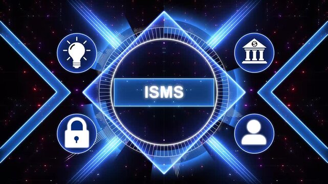 ISMS - Information security management System concept. Modern business technology interface with gears and digital network icons, 4K animation background.