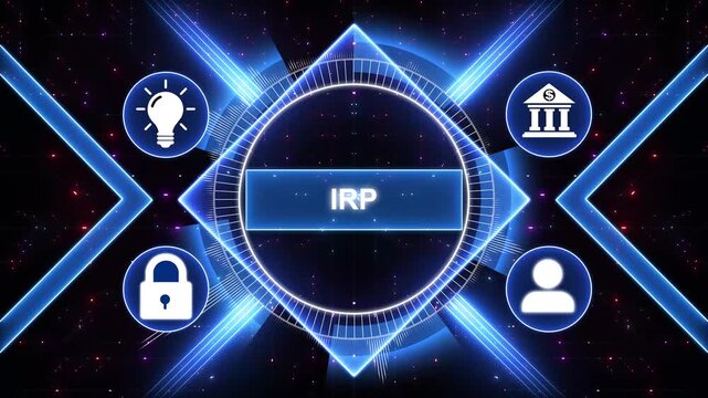 IRP - integrated resource plan concept. Modern business technology interface with gears and digital network icons, 4K animation background.