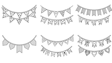 Fototapeta premium Collection of festive bunting and banner outlines featuring different shapes like triangles and hearts with various patterns.