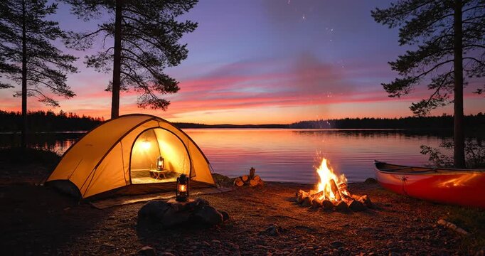 Peaceful sunset camping scene by a serene lake with an illuminated tent, crackling campfire, and a red kayak in a lush forest.