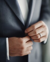 Fototapeta premium Close-up of a bridegroom hands, wearing a wedding ring, adjusting his suit jacket