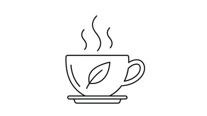 Fototapeta premium Simple black outline icon of a steaming cup of herbal tea with a leaf design on the side and a saucer.