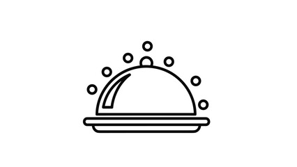 Fototapeta premium Simple black outline icon of a restaurant food cloche on a plate with decorative circular dots above it.