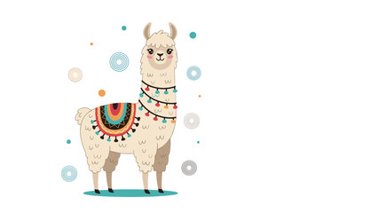 Fototapeta premium Adorable illustration of a white fluffy llama decorated with a colorful saddle and festive neck pom-poms.