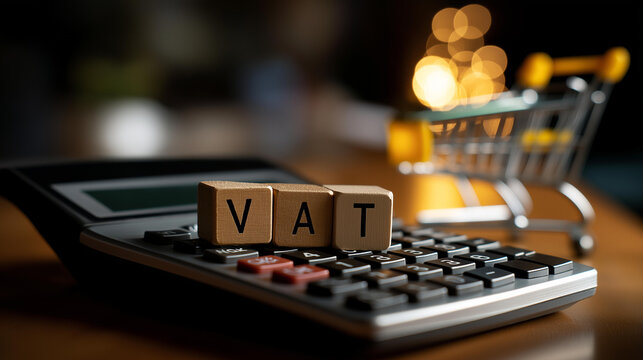 VAT word blocks arranged on a calculator beside a miniature shopping cart symbolizing value-added tax and consumer spending, defocused background, tax concept, with copy space