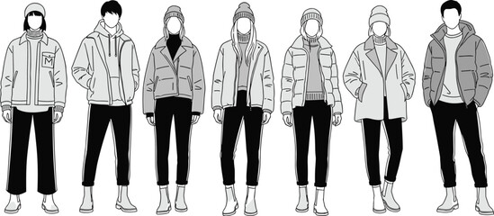 Group of young men and women in cozy winter jackets puffer coats beanies, casual outerwear fashion, black white line art figures vector illustration, blank faces © Abu
