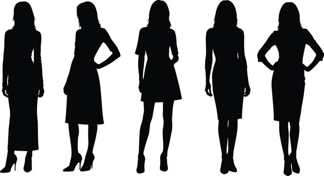 Group of women silhouettes in elegant dresses standing poses, diverse female figures in stylish business fashion full body isolated black