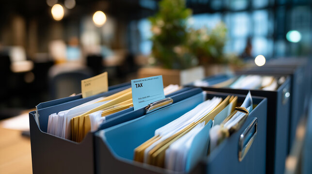 Organized filing system featuring labeled tax, finance, and compliance document folders in a professional office environment, defocused background, document management concept,