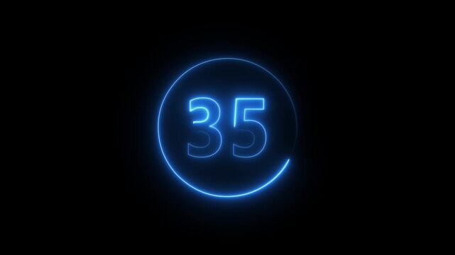 Blue neon number 40-0 countdown animation with glowing circular digital timer ring, futuristic luminous numeric display and modern technology interface background