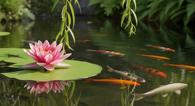 Water lily blossoms on a peaceful pond surrounded by aquatic plants