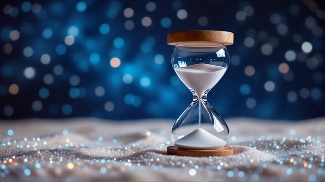 Hourglass with white sand measuring passing time on a sparkling surface. Magical cosmic background with blue bokeh lights. Deadline and countdown