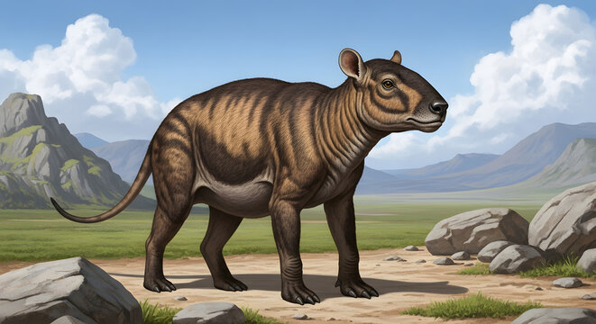Prehistoric hell pig mammal depicted in an ancient landscape