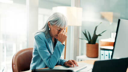 Investor, headache and woman in office, computer and frustrated for investment fail. Mature person,...