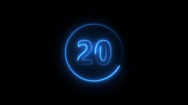 Blue neon number 25-0 countdown animation with glowing circular digital timer ring, futuristic luminous numeric display and modern technology interface background