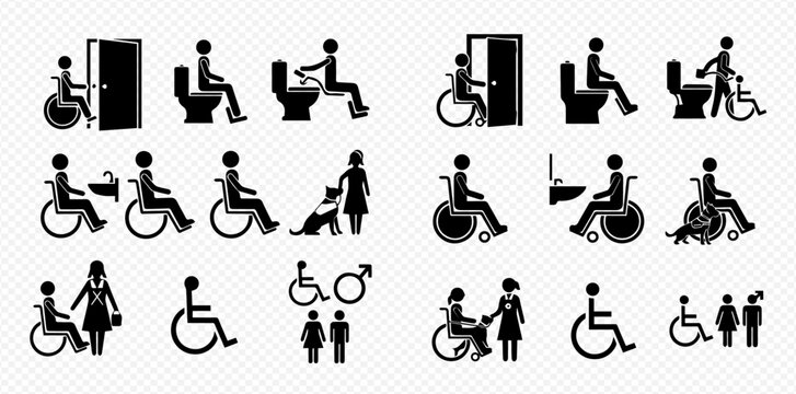 Set of various disabled people icons, showing accessibility in public spaces and daily life situations.