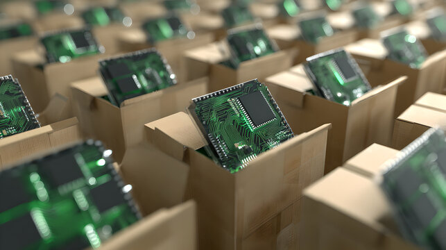 Multiple green computer microchips being packed into individual small brown cardboard shipping boxes
