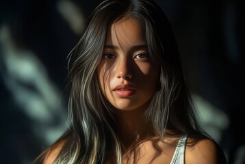 Fototapeta premium A young woman with dark hair and a contemplative expression is illuminated by light, suggesting introspection.