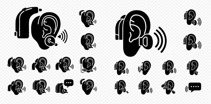 Hearing Aid and Ear Icons Set: Enhancing Auditory Perception for Better Communication.