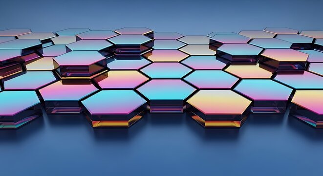 Abstract Hexagonal Grid with Iridescent Colors and Metallic Sheen.