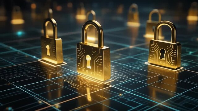 Golden padlocks on digital circuit board representing cybersecurity and data protection concept