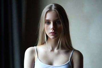 Fototapeta premium A young woman with blonde hair is looking directly at the camera. She’s posing indoors, possibly in a bedroom or studio.