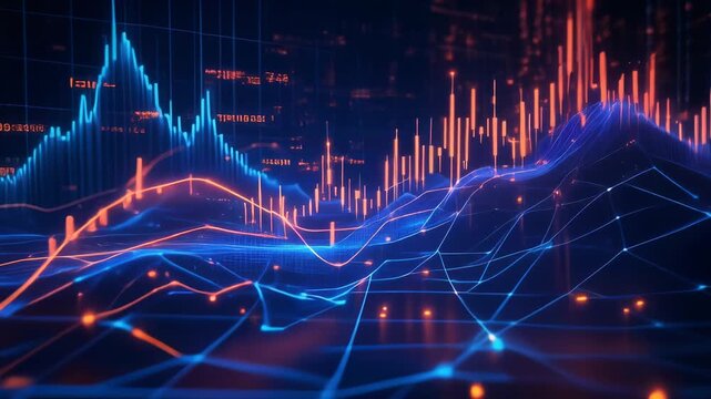 Futuristic digital stock market data visualization with glowing blue and orange graphs and charts