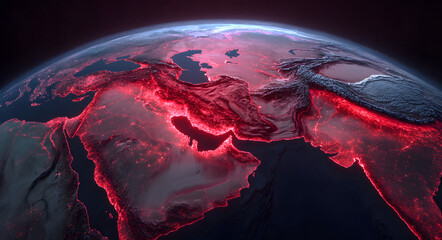 Plakat A red glowing map depicts Iran on Earth and features geopolitical conflict concepts in the Middle East, as well as a map of global crises and international relations for news and analysis.