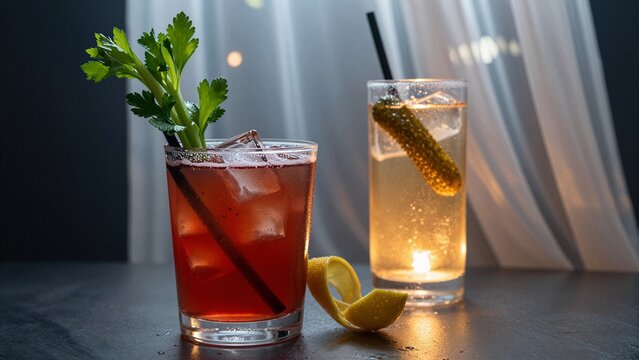 Two cocktails on a table, one red with celery garnish and another clear with pickle spear, soft focus background.