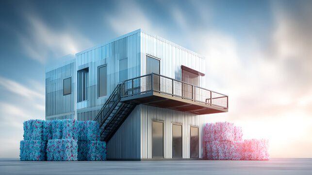 Modern silver metal modular container office building with outdoor stairs and balcony
