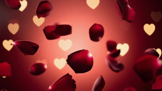 Romantic red rose petals falling with glowing heart shapes on soft red background