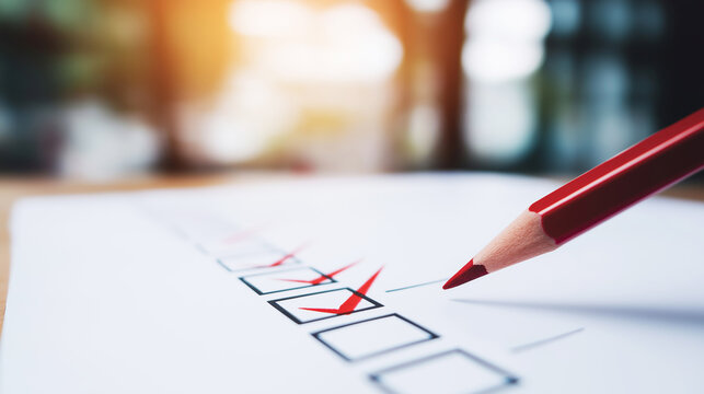 Red pencil marking a checkbox on a paper with multiple entries, representing task completion, survey response, and goal achievement