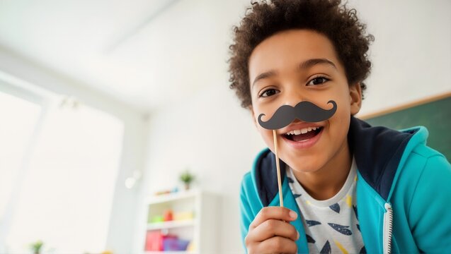 Happy African American boy with paper mustache in classroom. Cute elementary school kid playing with party prop. Fun and education with copy space