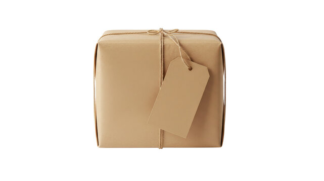 Brown paper wrapped gift box with tag