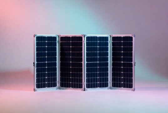 Solar panels are displayed on a white surface with colored lighting.