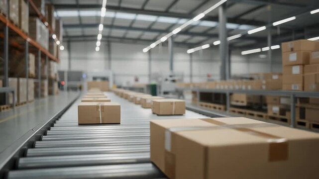 Efficient warehouse conveyor system with cardboard boxes for logistics and shipping operations