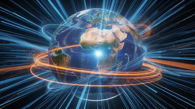 Digital globe with glowing data streams and network connections representing global communication and technology