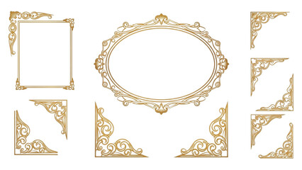 Golden ornate frame elements arranged on a white surface for decoration
