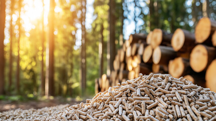 Fototapeta premium Wood pellets representing renewable energy with stacked timber logs in a forest background, responsible forestry