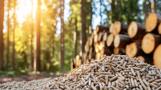 Wood pellets representing renewable energy with stacked timber logs in a forest background, responsible forestry