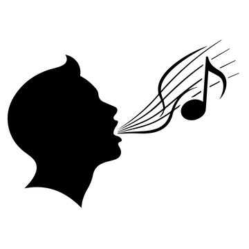 Dynamic black and white silhouette icon of a person singing or speaking, with musical notes and sound waves emanating from their mouth, representing vocal expression and sound